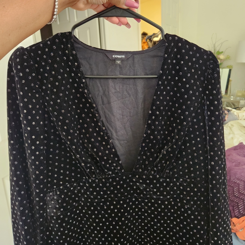 Express Black Velvet Dress with Metallic Dots